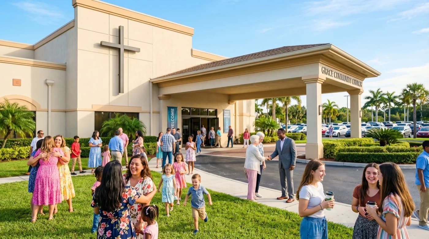 Community church in Florida on Sunday morning with families gathering — religious organization insurance